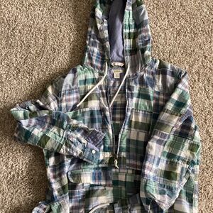 LL Bean petite madras plaid half zip anorak with hood